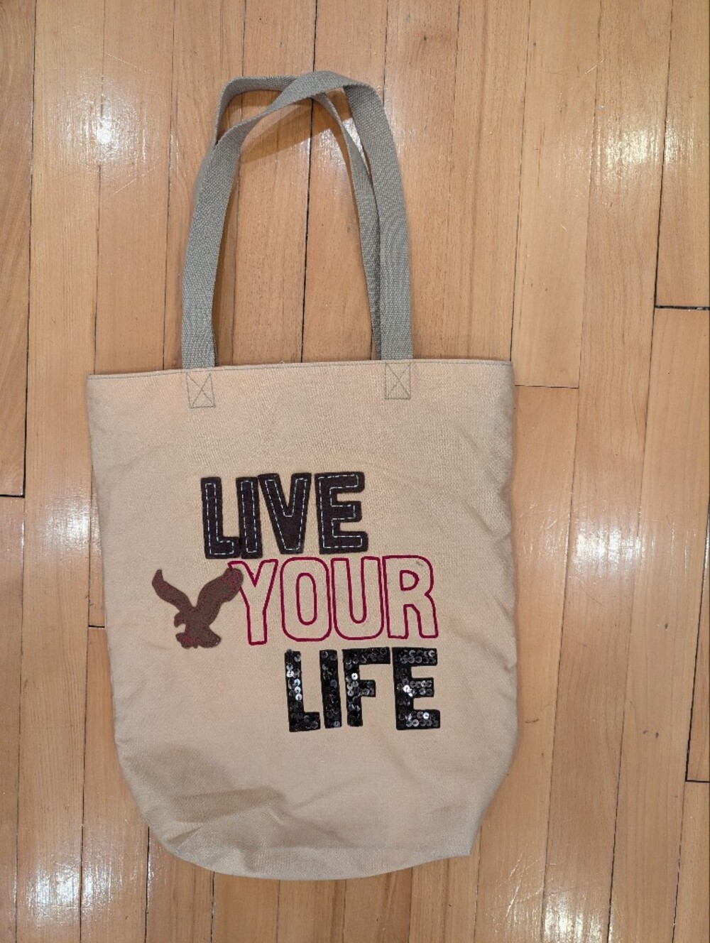 Live Your Life Beige Canvas Tote Bag - American Eagle 🦅